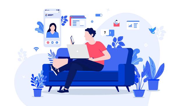 Work from home video chat - Man sitting in couch with laptop chatting with colleague on phone. Various work design elements in background. Virtual meeting, online chatting, and home office concept. - Vector, Image