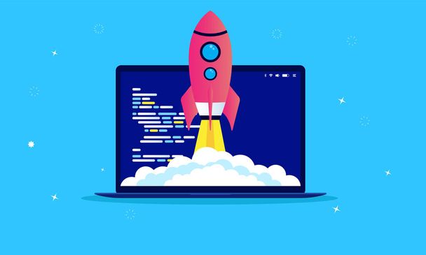 Snelle ontwikkeling - Rocket schip vliegen vanaf laptop computer met code op het scherm. Symboliserende snelheid en lancering van de website. Vectorillustratie. - Vector, afbeelding