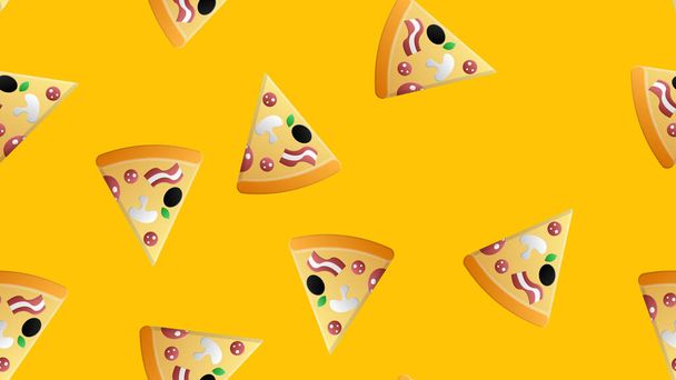 Színes, zökkenőmentes minta finom Pepperoni pizza szeletek sötét háttérrel. Ízletes olasz gyorskaja. Modern vektor illusztráció textilnyomat, tapéta, háttér, csomagolópapír - Vektor, kép