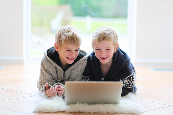 Twin brothers, playing together with notebook - Фото, изображение