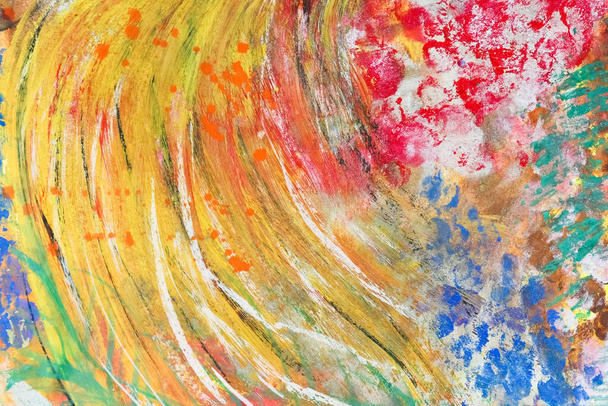  Hand drawing bright multicolored abstraction fish. Juicy combination of oil paints, red and yellow strokes, spots. Modern abstract background - 写真・画像