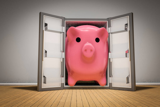 Piggy bank vast in de koelkast. Mocht u investeren in uw CERB Betaling of Supplement Maandelijkse CERB Uitbetaling met Dividend Aandelen of Besparen Geld Geheim of maak een budget concept. 3D illustratie - Foto, afbeelding