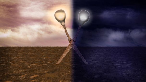 A pair of scissors is nailed to the ground in a shape of bulb and separate the day and night. Idea and innovation or The Best Way To IDEA or leadership and creativity idea concept. 3D illustration - Photo, Image