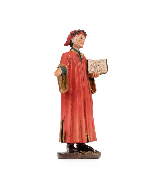 Keramische souvenirfiguur van de beroemde Italiaanse dichter in de rode jurk. De inscriptie in het Engels betekent de naam van de dichter "Dante" - Foto, afbeelding