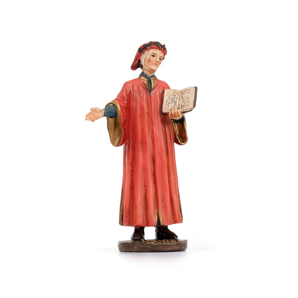 Ceramic souvenir figure of the famous Italian poet in the red dress. The inscription in English means the name of the poet "Dante" - Photo, Image