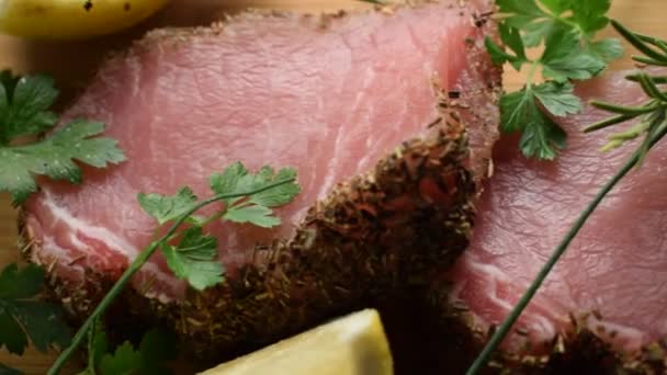 Pork loin with herbs and lemon - Footage, Video