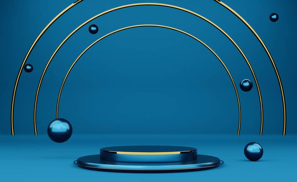 podio vuoto con forme geometriche in composizione blu per un moderno allestimento scenico e mockup minimalista, sfondo astratto della vetrina, illustrazione Concept 3d o rendering 3d - Foto, immagini