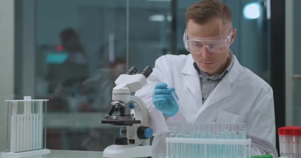 chemicus werkt met reagentia en chemicaliën in het laboratorium, neemt monsters uit reageerbuizen en mengt in plaat - Video