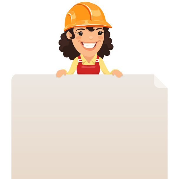 Female Builder Looking at Blank Poster on Top - Vector, Image