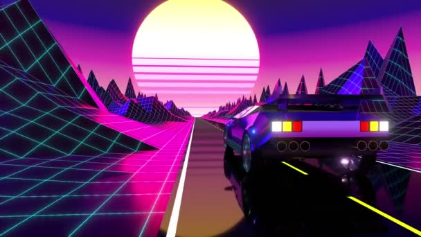 Filmación retro violeta y azul con coche en una carretera y montañas - diseño futurista adecuado para los años 80. Animación digital 3D con resolución 4k - 3840 x 2160 px. - Imágenes, Vídeo