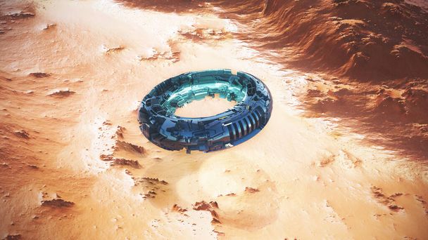 UFO Unidentified Flying Object in the desert, canyons. Spaceship of the future. 3d rendering - Photo, Image