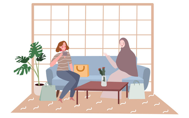 duas mulheres conversa segurar copo bebida sentado sofá saco de compras na sala de espera com desenho animado plano estilo ilustração - Vetor, Imagem