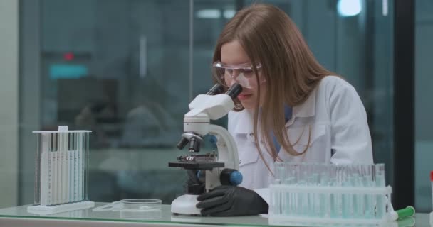 лабораторные испытания вакцин и медикаментов, женщина-техник рассматривает анализ в микроскопе - Кадры, видео