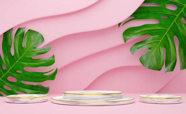 podium leeg met geometrische vormen in roze pastel compositie voor moderne podiumweergave en minimalistische mockup, abstracte showcase achtergrond, Concept 3d illustratie of 3d renderen - Foto, afbeelding