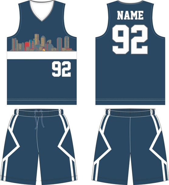 バスケットボールTシャツのデザインのユニフォームキットのセット。カスタムデザインのバスケットボールジャージテンプレート。表と裏のシャツとショートパンツがモックアップ。イラストベクトル - ベクター画像