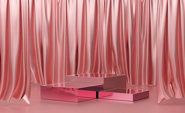 podio vacío con formas geométricas en composición pastel rosa para la exhibición moderna del escenario y maqueta minimalista, fondo abstracto de la vitrina, ilustración del concepto 3d o renderizado 3d - Foto, imagen
