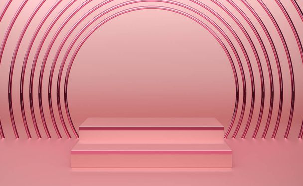 podium leeg met geometrische vormen in roze pastel compositie voor moderne podiumweergave en minimalistische mockup, abstracte showcase achtergrond, Concept 3d illustratie of 3d renderen - Foto, afbeelding