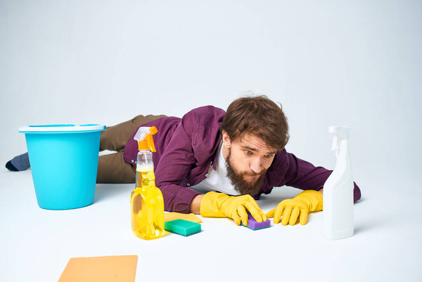 Cheerful cleaner washing detergent hygiene service professional - Foto, immagini