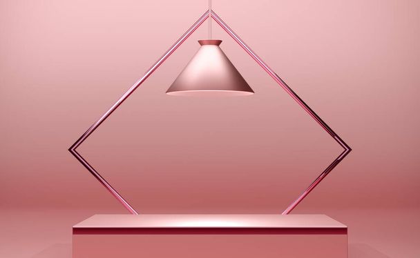 podio vuoto con forme geometriche in composizione rosa pastello per un moderno allestimento scenico e un mockup minimalista, sfondo astratto della vetrina, illustrazione Concept 3d o rendering 3d - Foto, immagini