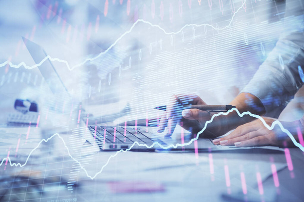 Double exposure of woman hands typing on computer and forex chart hologram drawing. Stock market invest concept. - Photo, Image