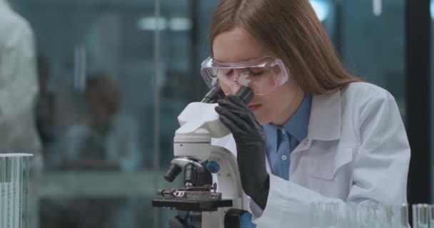 женщина-врач изучает анализ пациента, используя микроскоп в лабораторных, ДНК, крови и генной инженерии исследований - Кадры, видео