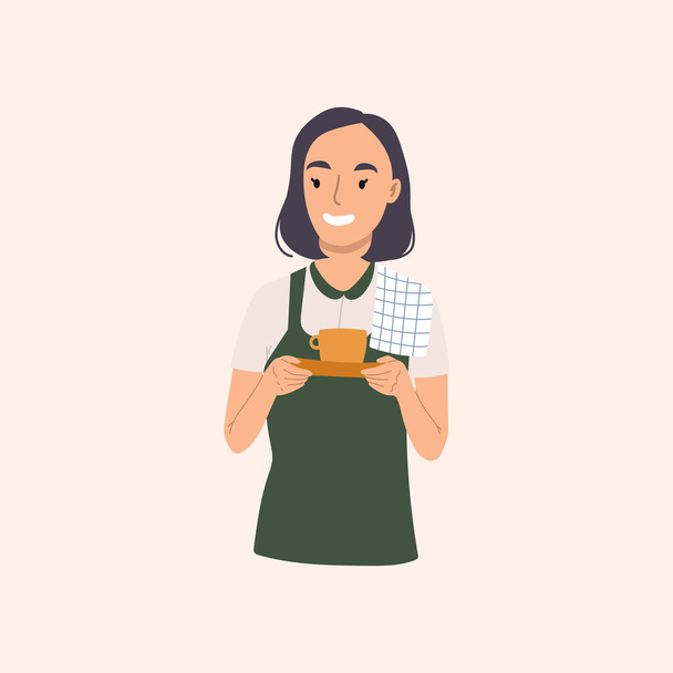 Młoda baristka trzyma aromatyczną kawę dla odwiedzających. Projektowanie znaków personelu restauracji.Wektor ręcznie rysowane ilustracji. - Wektor, obraz