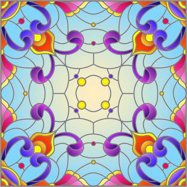 Ilustrace ve stylu barevného skla s abstraktním uspořádáním květin na modrém pozadí, čtvercový obraz - Vektor, obrázek