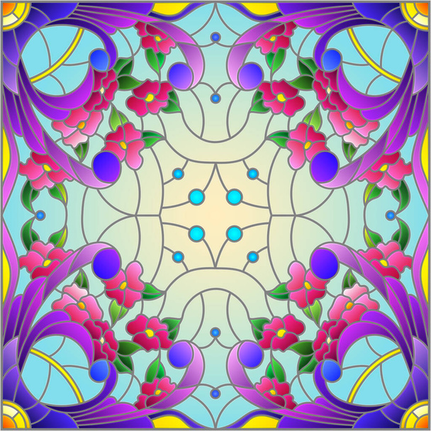 Illustration im Buntglasstil mit einem abstrakten Blumenarrangement auf blauem Hintergrund, quadratisch - Vektor, Bild