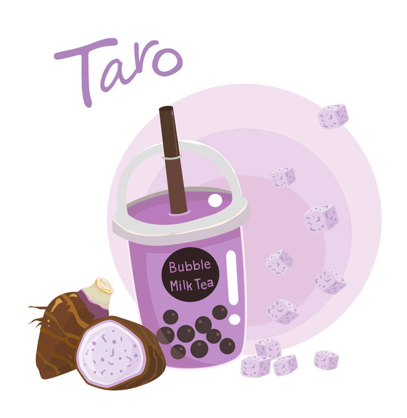 Taro burbuja té de leche o cóctel de leche. una copa con un túbulo. Ilustración de té de burbuja o batido sobre fondo blanco. - Vector, Imagen