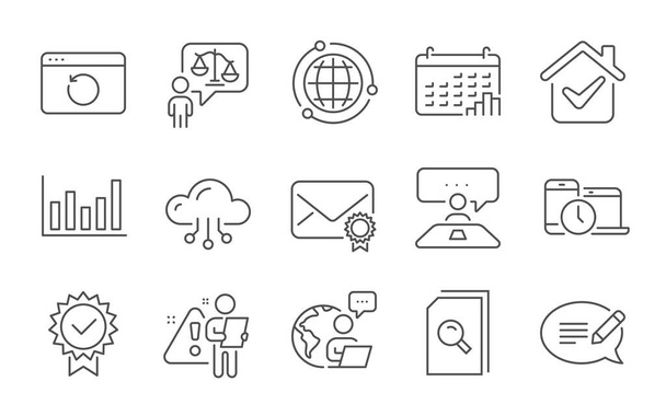 Certificate, Recovery internet and Interview job line icons set. Verified mail, Search files and Time management signs. Message, Calendar graph and Column chart symbols. Line icons set. Vector - Vektor, obrázek