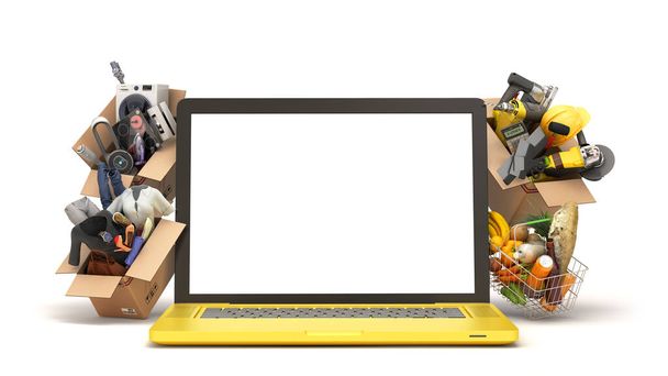 online ordering of goods from a hypermarket Products clothing and household appliances in boxes over laptop with blank screen 3d render on white - Valokuva, kuva