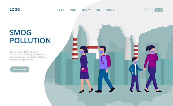 Cartoon Style Vector Illustration Of Group Of People Wearing Protective Masks While Walking On Street, Factory Pipes Emitting Smog Behind. Webpage Template Flat Art. Composition Of Pollution Concept - Vector, Image
