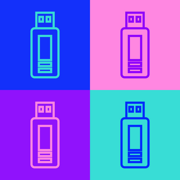 Pop art lijn USB flash drive icoon geïsoleerd op kleur achtergrond. Vector. - Vector, afbeelding