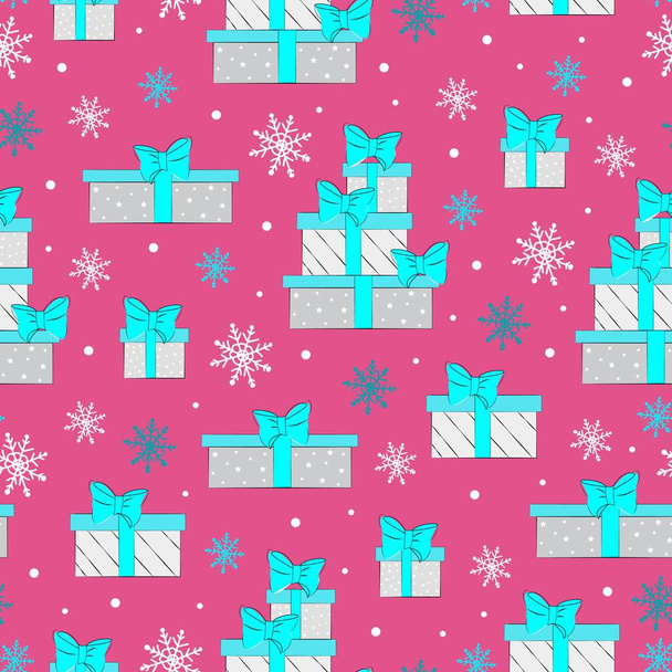  Christmas seamless pattern with gift boxes, colored gift boxes with lush bows, vector illustration, prints for winter holidays. - Vector, Image
