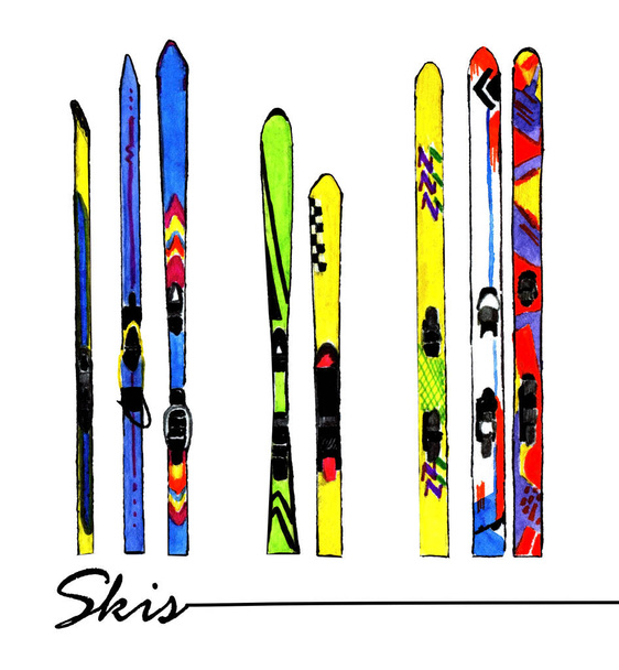 Varios esquís coloridos dibujados a mano - Foto, imagen