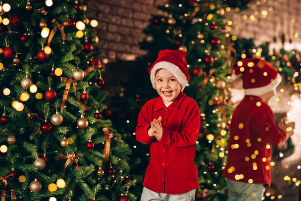 The boy has a santa hat on his head. In the background there is a large decorated Christmas tree and a large mirror. Christmas mood. - Photo, Image