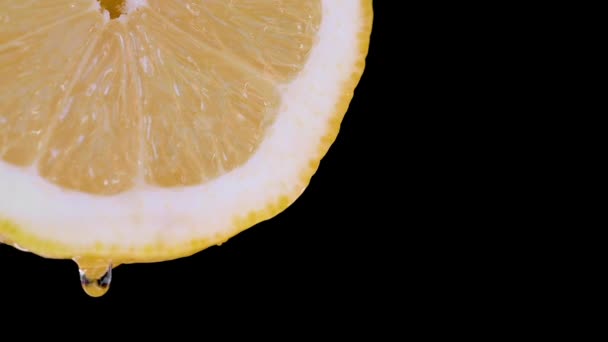 Κοντινό HD βίντεο αργής κίνησης της μπροστινής όψης μισού λεμονιού σε μαύρο φόντο με αρκετές σταγόνες χυμού να πέφτουν - Πλάνα, βίντεο