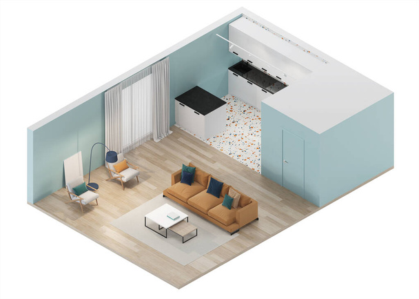 Modern hálószoba belső, kék falak és egy sárga kanapé. Neo Memphis stílusú belső tér. Belső az ortogonális kivetítésben. Kilátás fentről. 3D renderelés. - Fotó, kép
