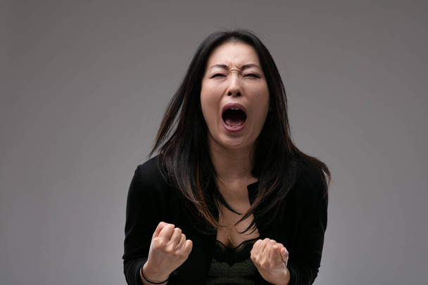 Agitated upset woman yelling in anguish or frustration with clenched fists over a grey studio background with copyspace - 写真・画像