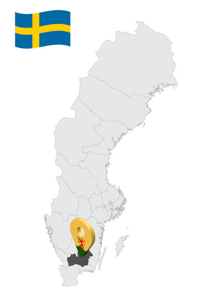 Standort Kronoberg County auf der Karte Schweden. 3d Ortsschild ähnlich der Flagge des Kreises Kronberg. Qualitätskarte mit Regionen Schwedens für Ihr Design. EPS10. - Vektor, Bild