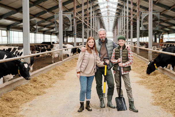 Portrait of content contemporary family of farmers standing with work tools in large cowshed - Photo, Image