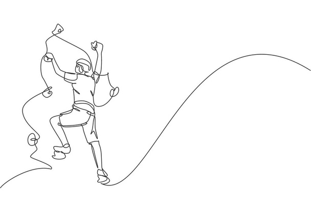 Single continuous line drawing of young muscular rockclimber man climbing hanging on mountain grip. Outdoor active lifestyle and rock climbing concept. Trendy one line draw design vector illustration - Vector, Image