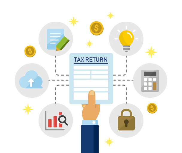 Declaración de impuestos, presentar documento de impuestos, formulario de impuestos / ilustración de banner de dibujos animados - Vector, Imagen