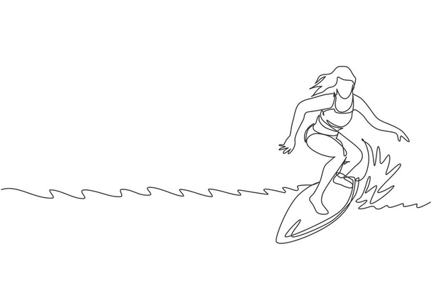 Una sola línea de dibujo joven surfista deportiva mujer con bikini montar en grandes olas en surf playa paraíso vector ilustración gráfica. Concepto de deporte acuático extremo. Diseño de dibujo de línea continua moderna - Vector, Imagen