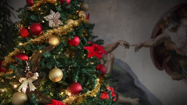 Árvore de Natal decorado ouro luminoso, vermelho, religião - Filmagem, Vídeo
