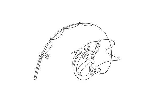 One single line drawing of fisherman club and fishing lover competition logo icon symbol vector illustration graphic. Holiday traveling for fishing hobby concept. Modern continuous line draw design - Vector, Image