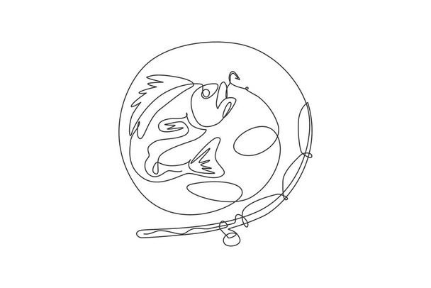 Один сплошной рисунок логотипа символа соревнования по рыбалке и турнира. Fifman leisure hobby vacation concept. Динамическая иллюстрация вектора графического дизайна - Вектор,изображение