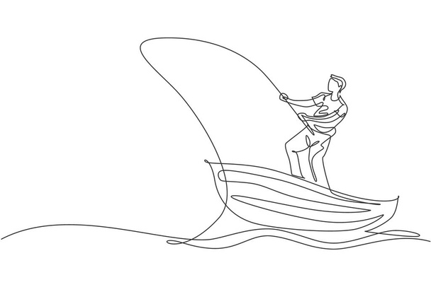 Одна сплошная линия рисует молодого человека, счастливого стоя и рыбачащего на озере из деревянной лодки. Концепция рыбалки, отдыха на лодке. Динамическая иллюстрация вектора рисунка одной прямой - Вектор,изображение