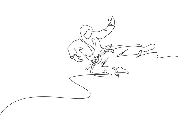 Единая сплошная линия рисования молодого уверенного каратиста в кимоно, практикующего каратэ в додзё. Спортивная концепция боевого искусства. Модная векторная графическая иллюстрация - Вектор,изображение