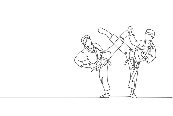 Un dessin de ligne unique de deux jeunes hommes de karatéka sportifs en uniforme de combat et ceinture exerçant l'art martial à l'illustration vectorielle de gymnase. Concept de mode de vie sportif sain. Moderne continuer dessin de ligne - Vecteur, image